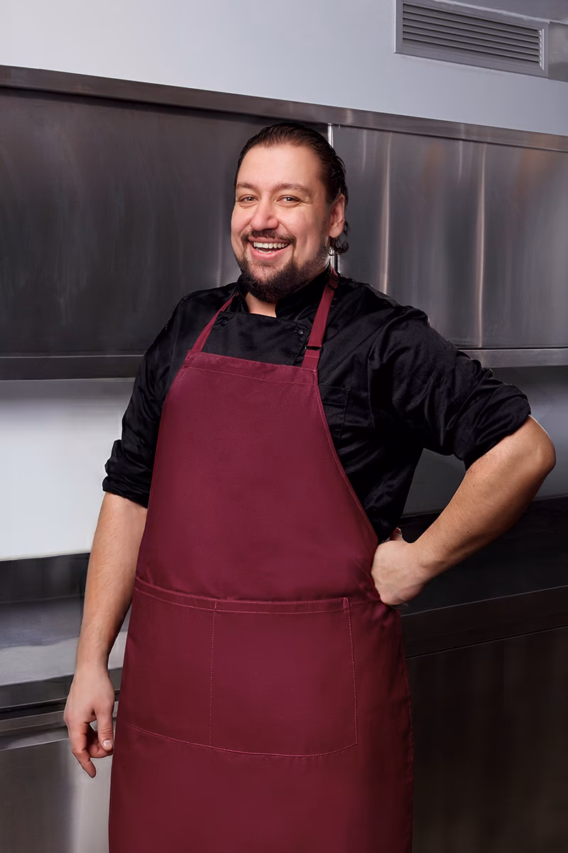 Kochschürze, Pastorek, Maroon, Kochuniform, Stoffschürze, Appron, Kochmütze?, Küche, Burgunderrot, Vordertasche