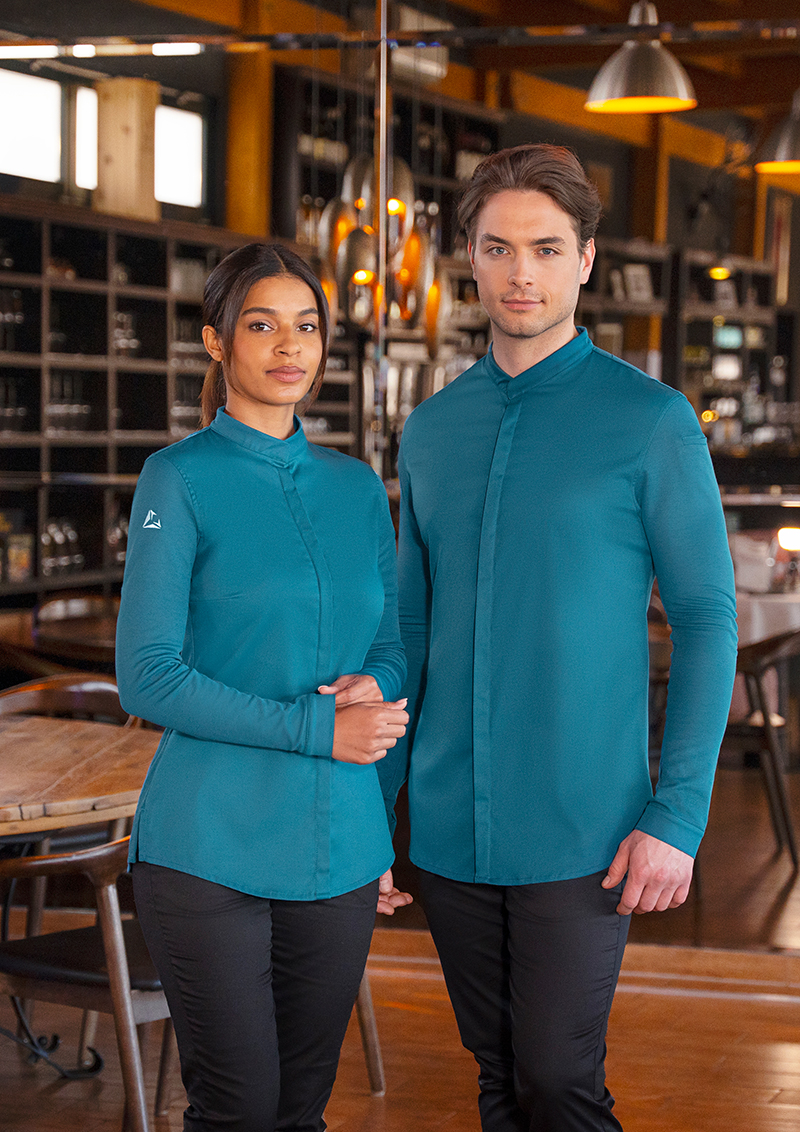 bluse, langarm, knopflose, tee-blau, unisex