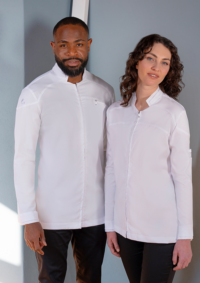 weißes Oberteil, Kragenloses Hemd, Kollektion Unisex, Langarm, Poloähnlich, schlupfverschluss, lange haltung?, weiße kleidung?, herren frau lab?, arbeitskleidung?