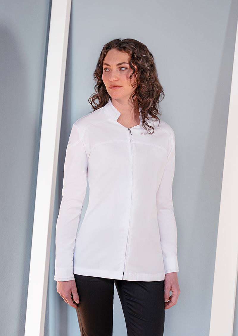 jacke, weiß, Reißverschluss, Langarm, Oberteil, jacke, weiß, Reißverschluss, Langarm, kollores, Kollektion, Laufsteg, Weißes Oberteil, Zip-Jacke, Langarm, Jacke, Bluse, Zipfelkragen, Reißverschluss, weiß