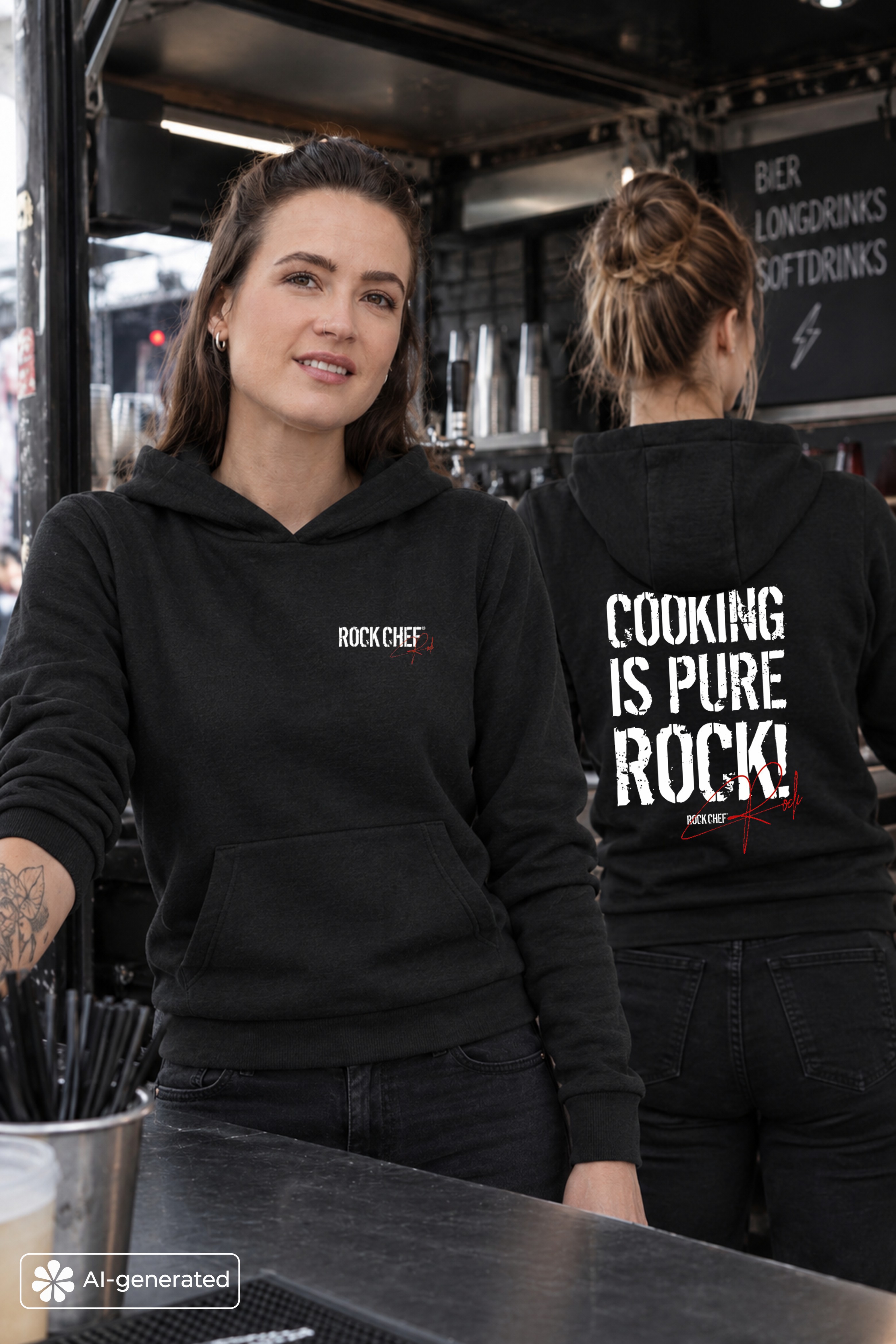Kapuzenpullover, schwarz, Fronttasche, Print auf dem Rücken, Küchenmotiv