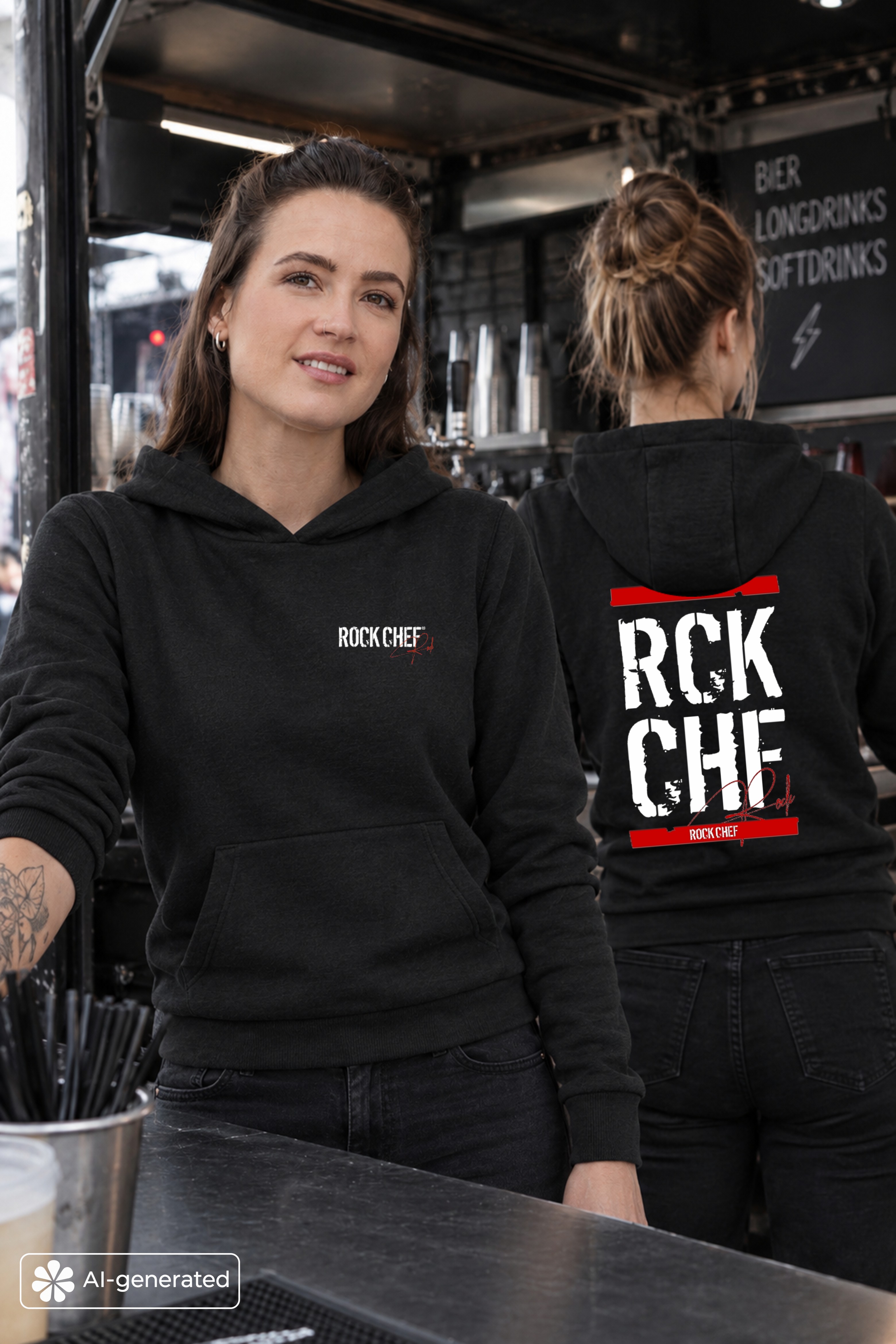Kapuzenpullover, schwarz, Baumwollmix, Kängurutasche, Rückenprint