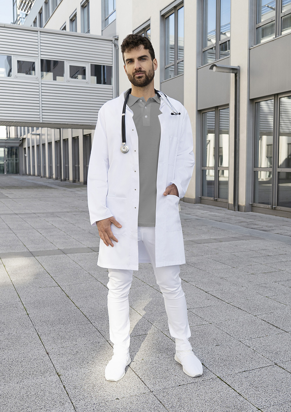 Men´s Medical and Lab Coat Modern-Shape with Stand-Up Collar and Concealed Button Placket