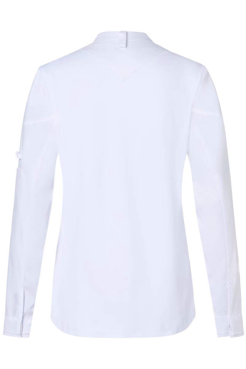 Hemd, Weiße Bluse, Langarm, V-Ausschnitt Rückseite, Knopflose Rückseite, weiße bluse, halsausschnitt v-form, langarm, knopflose-rote, backview