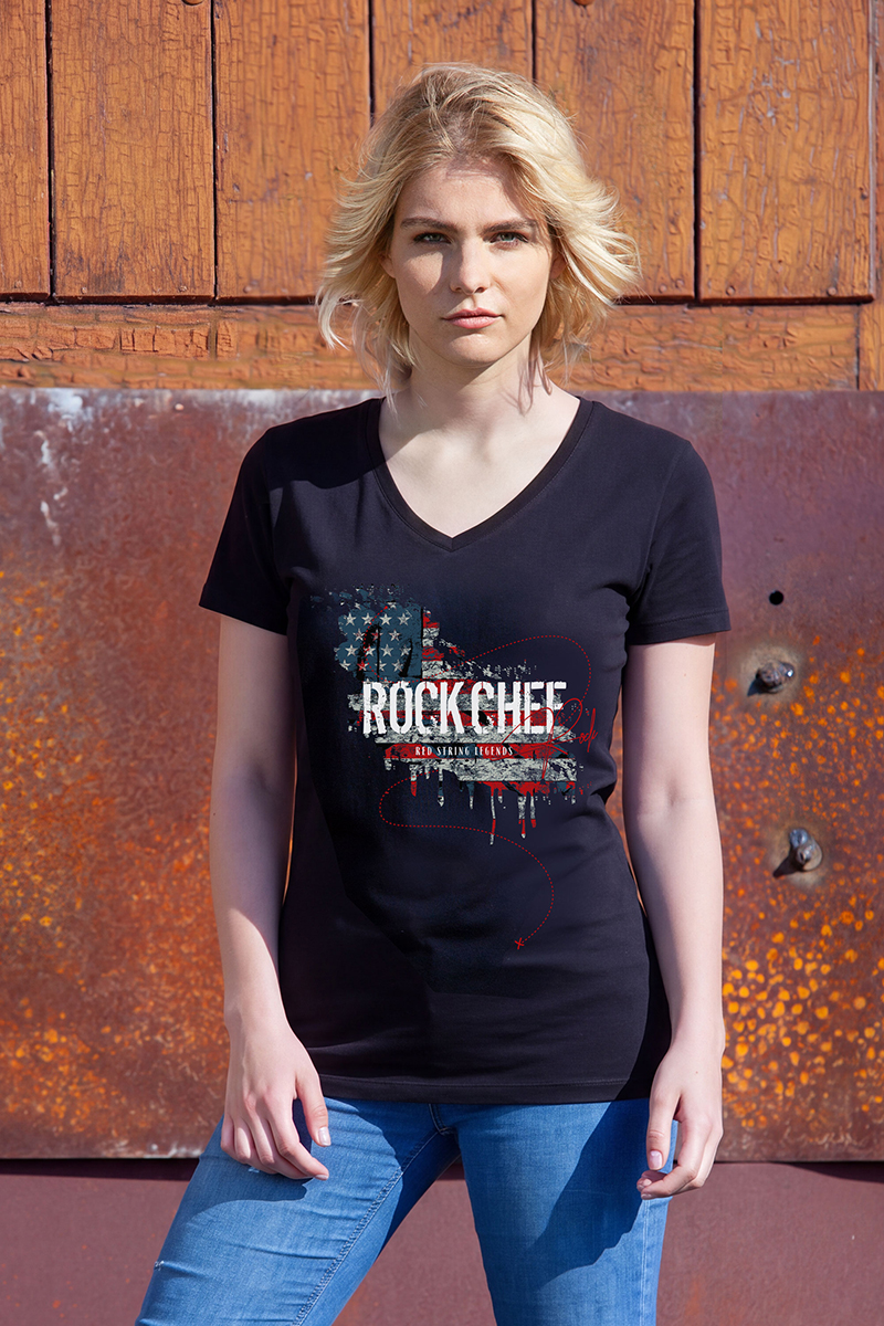 Damen-T-Shirt, schwarz, V-Ausschnitt, Kurzarm, Grafikdruck