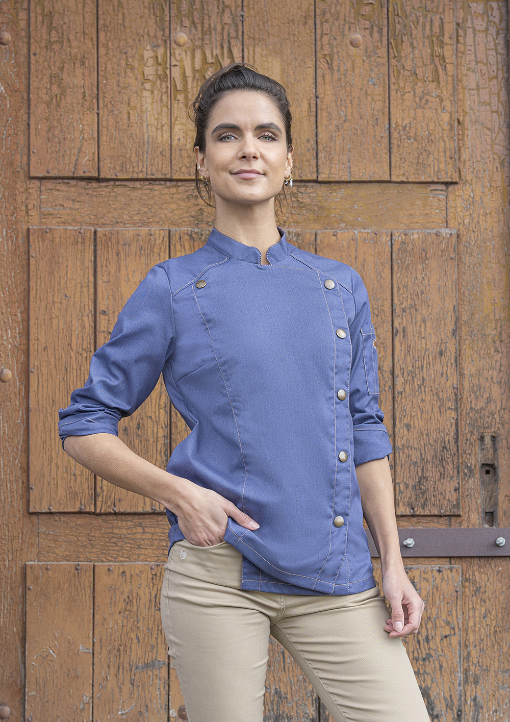 Langarm Damen-Kochjacke Jeans-Style , leicht tailliert