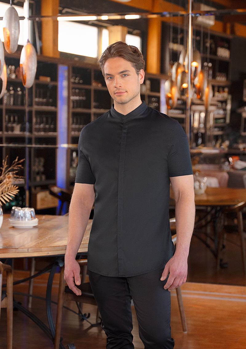 DIAMOND CUT® Kurzarm Herren-Kochjacke Avantgarde – schwarz (Am Modell)