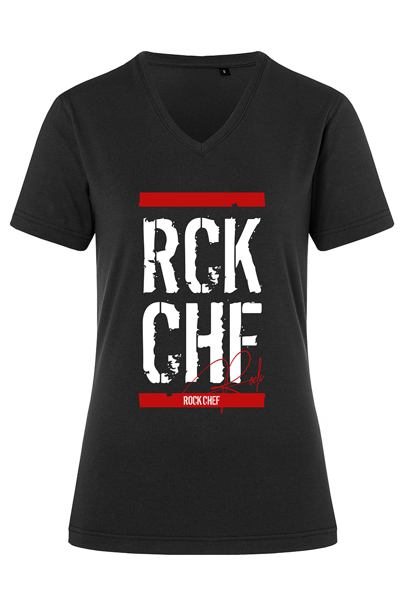 Tee, V-Ausschnitt, Kurzärmlig, Schwarz, Rock Chef, Grafikdruck