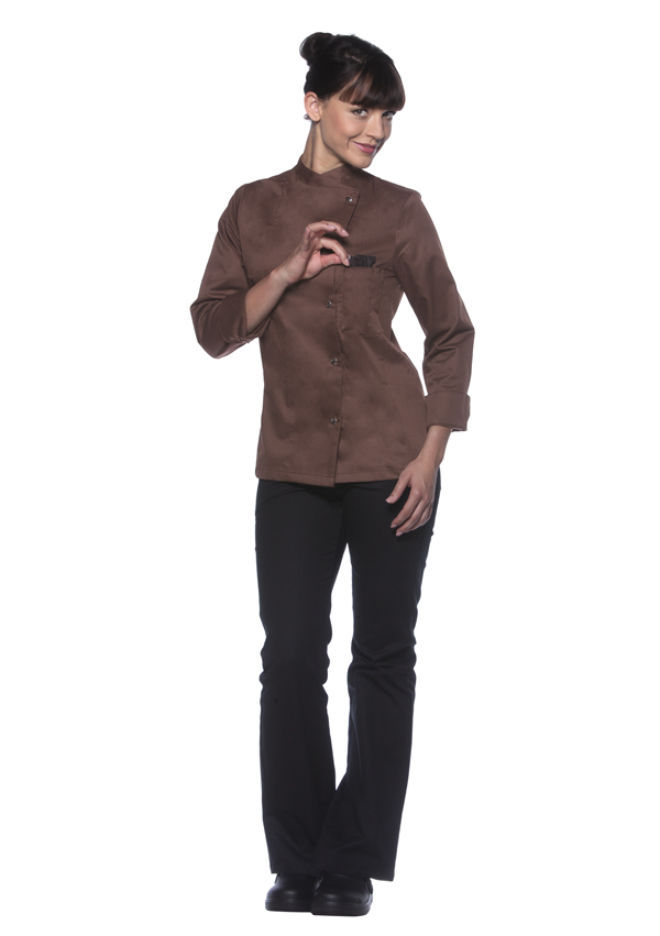 Women's Long-Sleeve Chef Jacket Larissa in light brown, slightly fitted