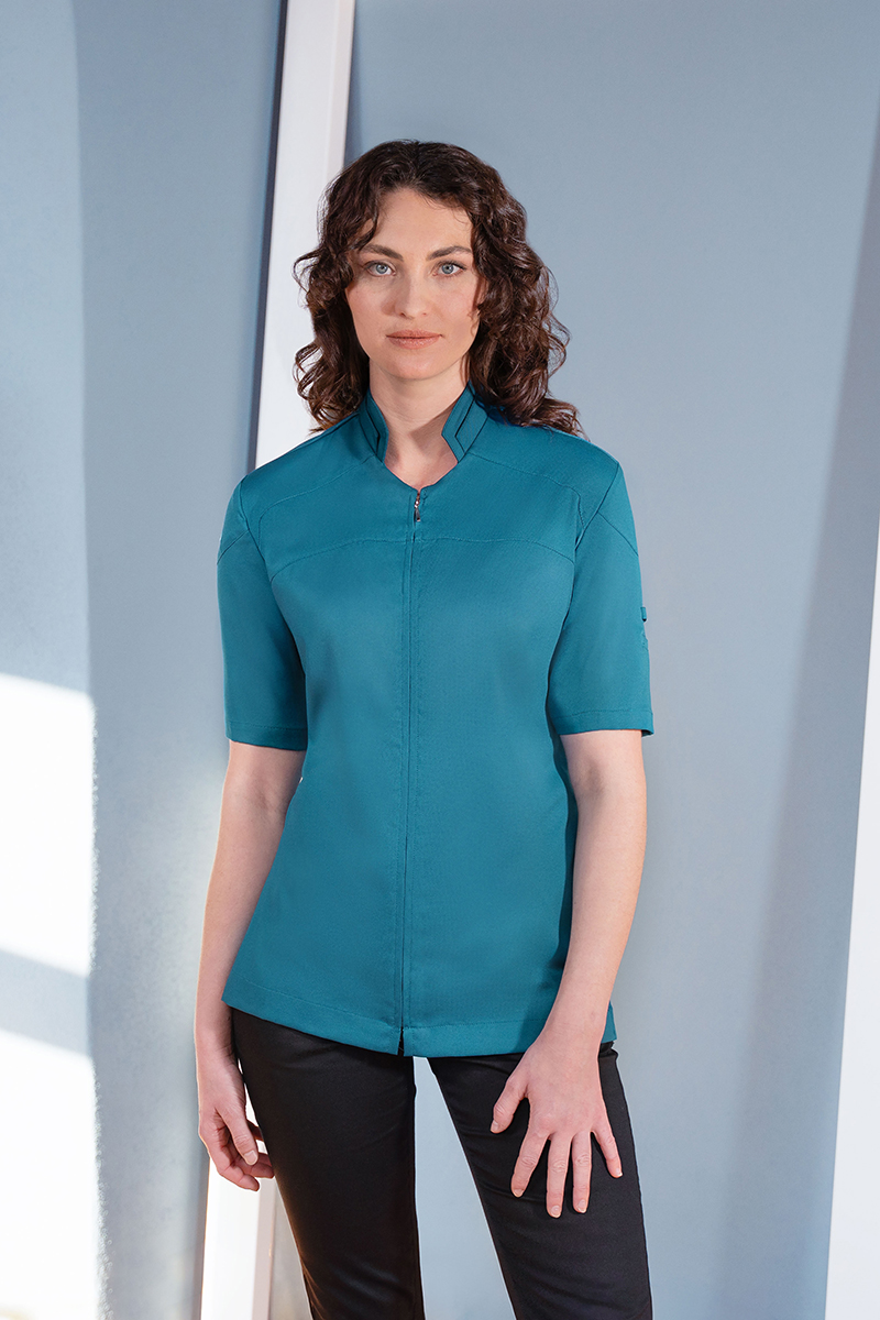 Kurzarm-Top, Teal, Stehkragen, Reißverschluss, Uniform-Stil, Bluse, Kurzärmlig, Teal, Reißverschluss, Frontverschluss, Bluse, Teal, Halblangärmelig, Stehkragen, Frontreißverschluss