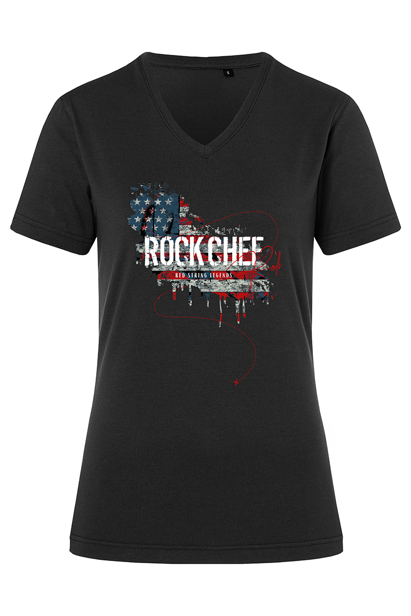 T-Shirt, V-Ausschnitt, schwarz, Kurzarm, Frontprint, Damen-T-Shirt, V-Ausschnitt, schwarz, Kurzarm, Frontprint