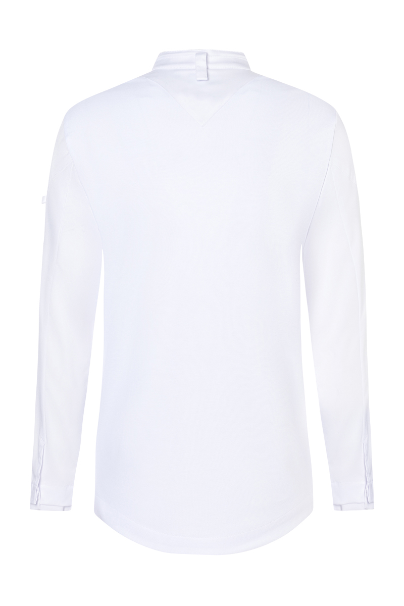 weiße Bluse, langärmelig, kolbenlos?, knopfmanschetten, Rücken-V-Ausschnitt, Bluse, Langarm, Weiß, Kragenlos, Knopfleiste