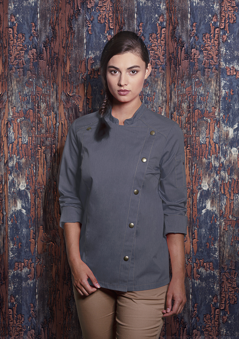 Langarm Damen-Kochjacke Jeans-Style, leicht tailliert
