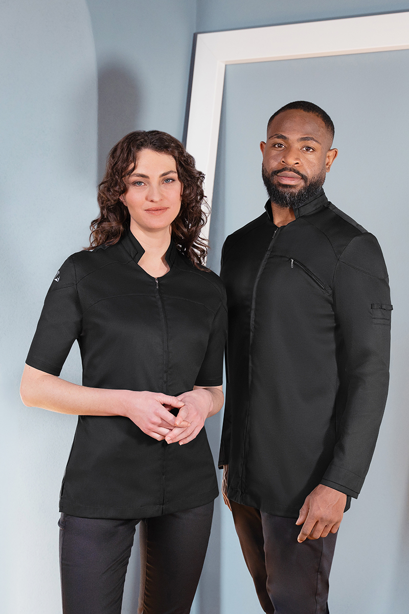 schwarz, kurzarm, standart-kittel, unisex-kleidung, jacke-freizeit, Uniform, Schwarz, Kittel, Kurzärmelig, Zip-Front