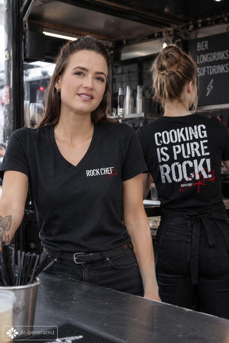 T-Shirt, Schwarz Shirt, Rock Chef, Kochen, Uniform, T-Shirt, Schwarz, V-Ausschnitt, Rock Chef, Mitarbeiter