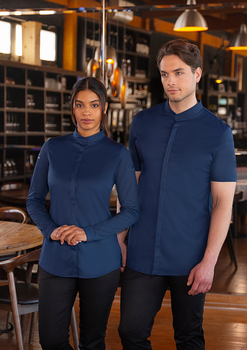bluse, monochrom, langarm, knopflose, unisex