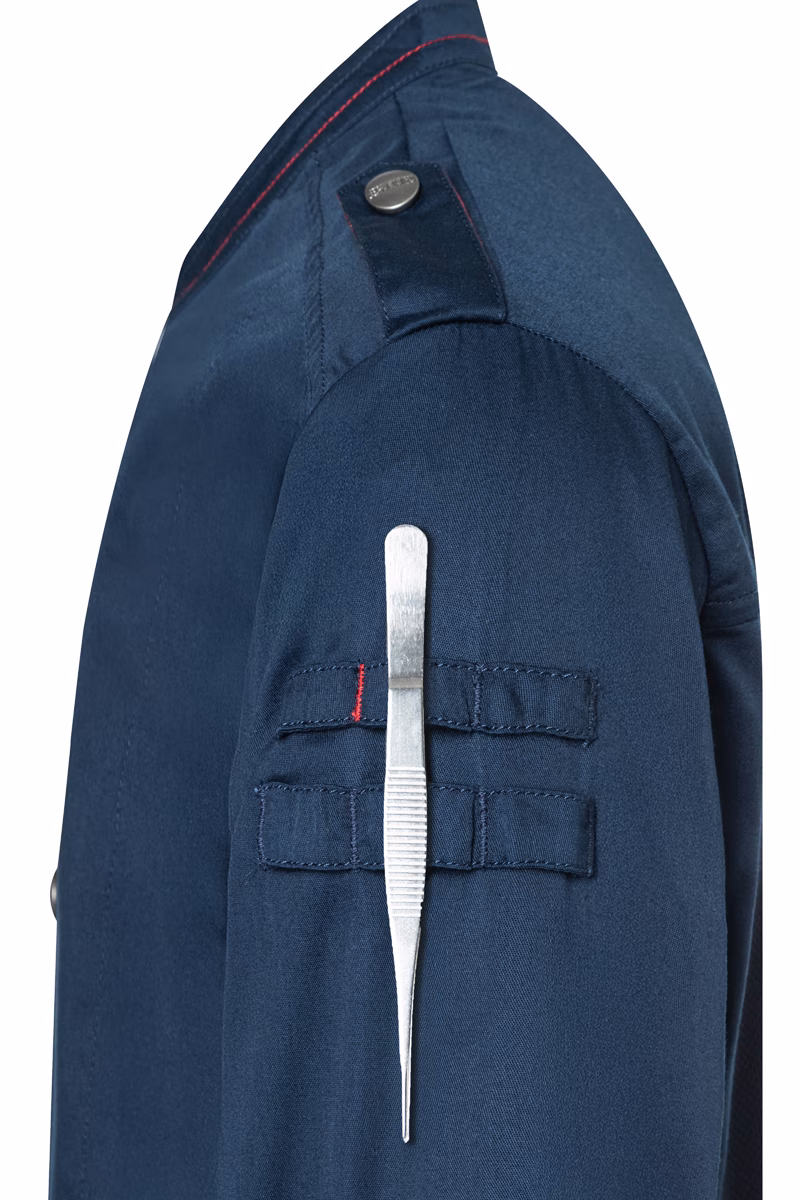 Mantel, Jacke, Fleece, Langer Ärmel, Hosen, Mantel, Jacke, Fleece, Langer Ärmel, Hosen, jacket, arm pocket, metallischer clip, blaues material, rote Naht