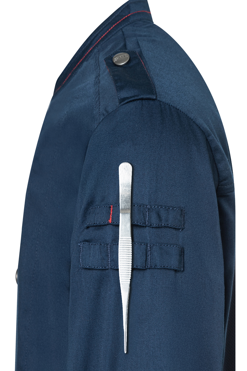 Mantel, Jacke, Fleece, Langer Ärmel, Hosen, Mantel, Jacke, Fleece, Langer Ärmel, Hosen, jacket, arm pocket, metallischer clip, blaues material, rote Naht