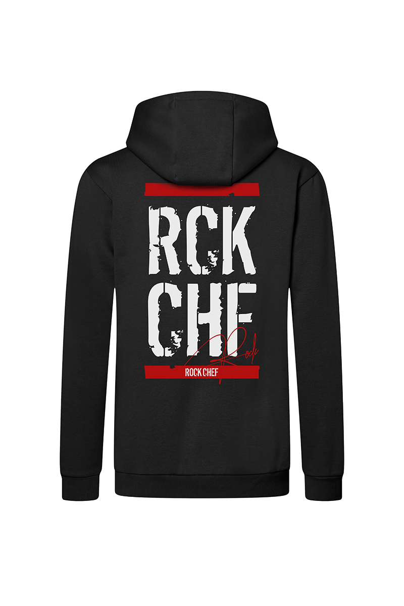 schwarzer Hoodie, Kapuze, Rückendruck, rotes Muster, Langarm