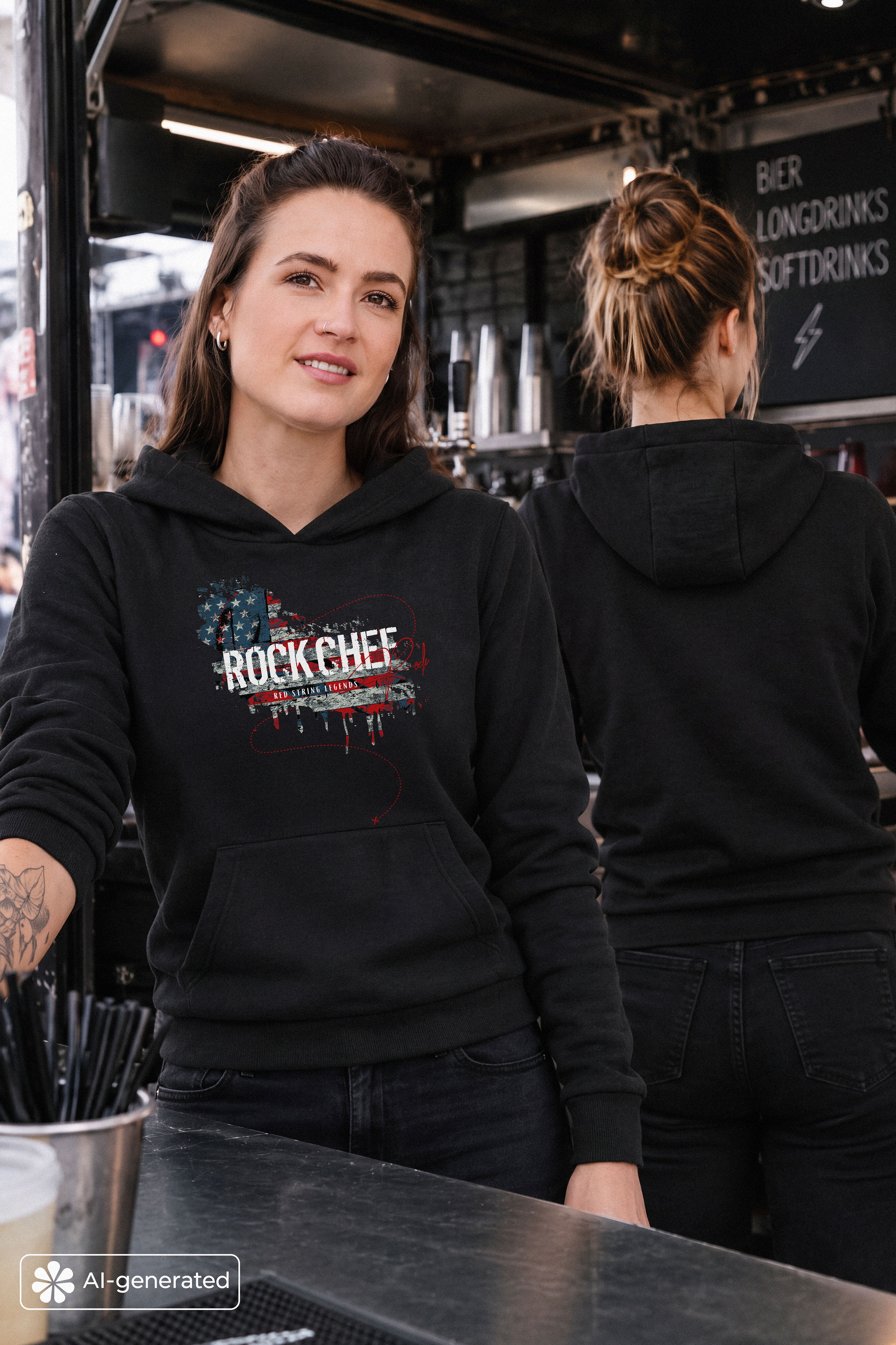 Damen-Hoodie, schwarz, Kapuze, Fronttasche, Frontprint, Damen-Hoodie, schwarz, Kängurutasche, Grafikprint, Kapuze