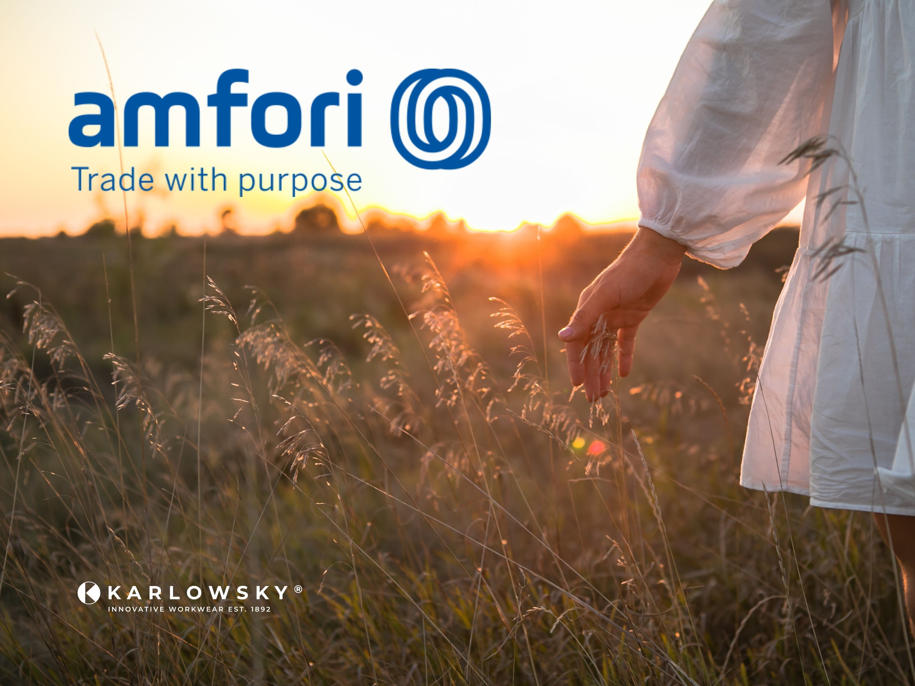 Gras, Grünland, Sonnenlicht, Hand, Finger, Frau läuft über Wiese bei Sonnenuntergang, in der Ecke steht "Karlowsky" oben im Bild steht " amfori Trade with purpose"