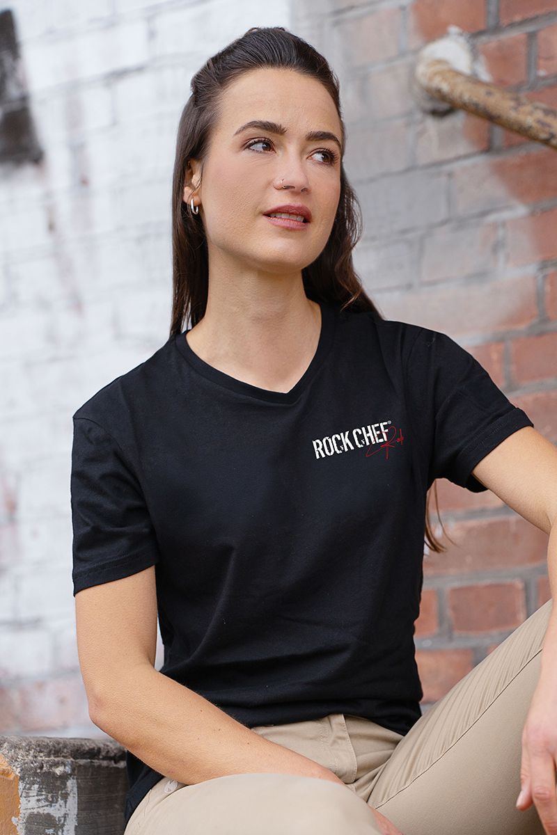 T-Shirt, Schwarzes T-Shirt, Grafik-Tee, Rock Chef Logo, Kurze Ärmel