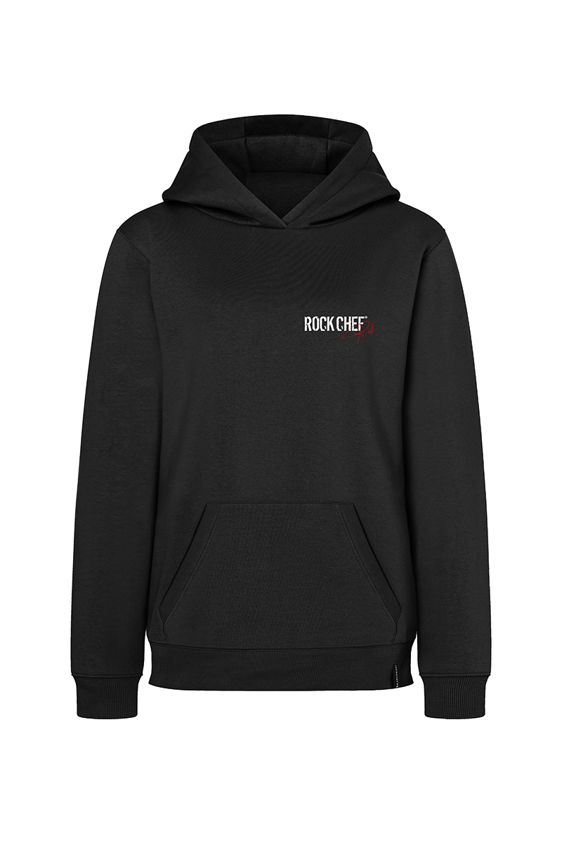 schwarzer Kapuzenpullover, Kängurutasche, lange Ärmel, Brustlogo