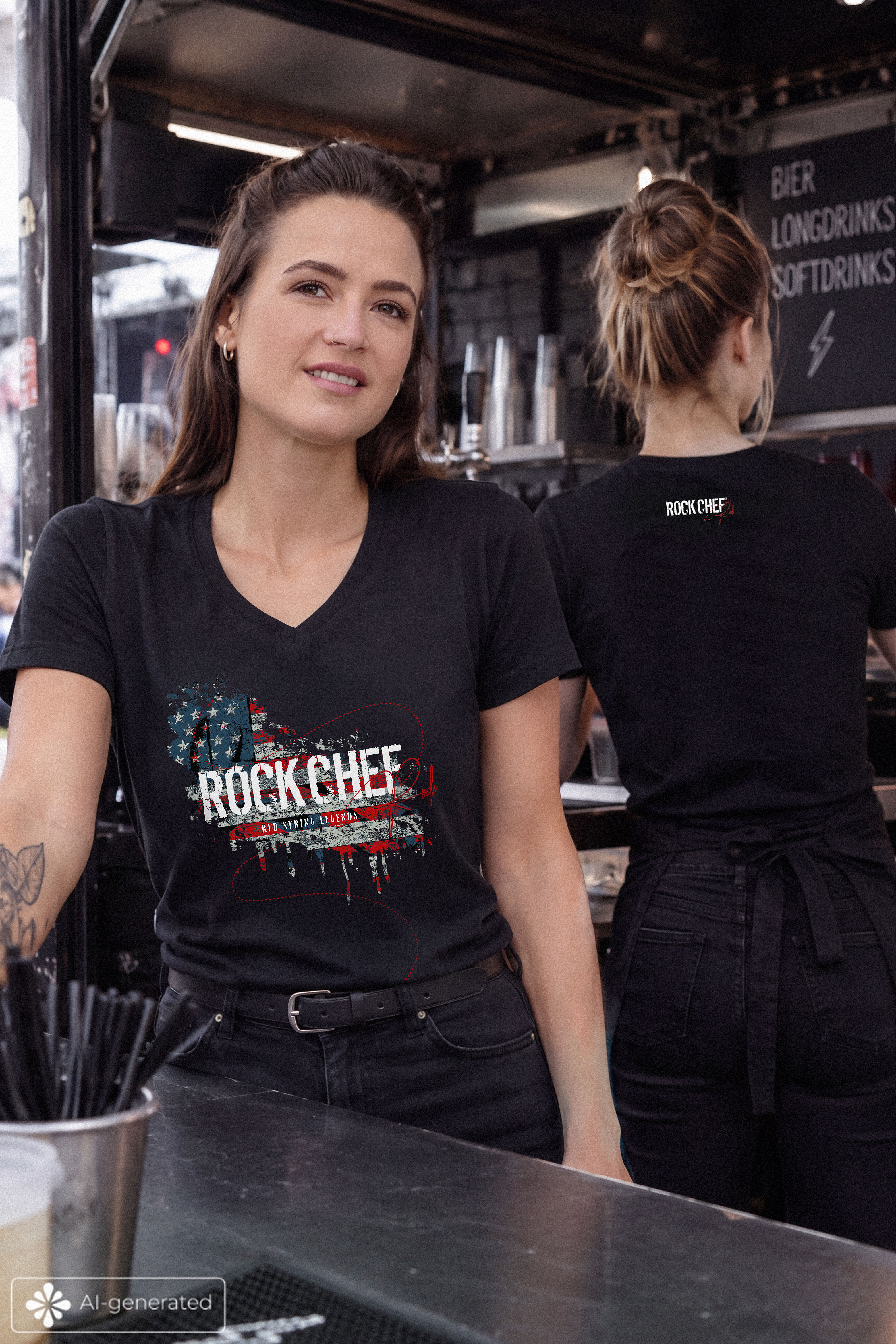T-Shirt, schwarz, V-Ausschnitt, Kurzarm, Frontprint, Damen-T-Shirt, schwarz, V-Ausschnitt, Kurzarm, Frontprint