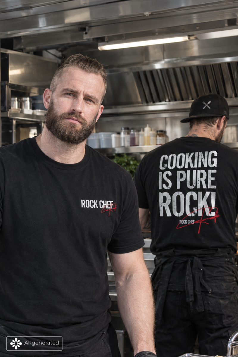 Koch, Schürze, Küche, Grill, Gastronomie, schürze, küche, rock chef, t-shirt, ruckseite des shirts text