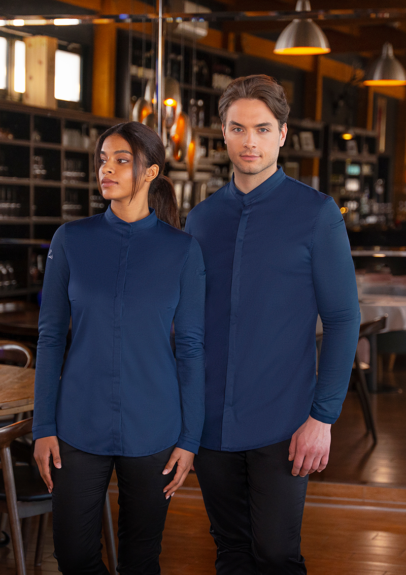 Polohemd, Hemd, Langarm, Kragenlos, Uniformfarbenes Blau