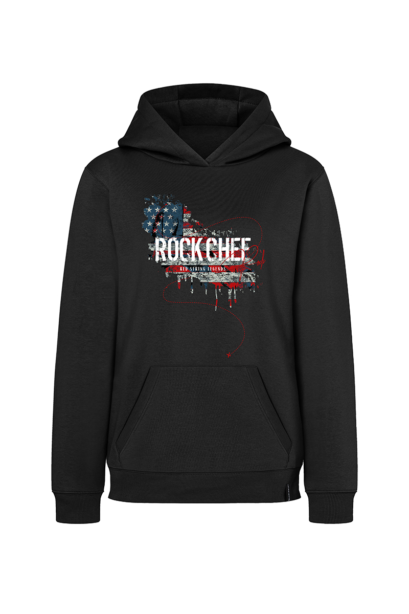 Hoodie, Schwarz, Kapuze, Kängurutasche, Frontprint, schwarzer Kapuzenpullover, Fronttasche, Langarm, Rockmotiv
