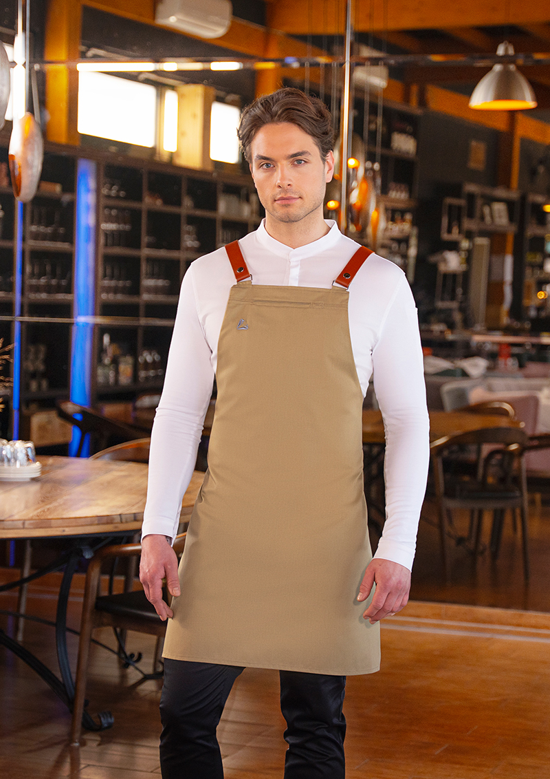 Schürze, Küche, beige, Latzschürze, gürtelriemen