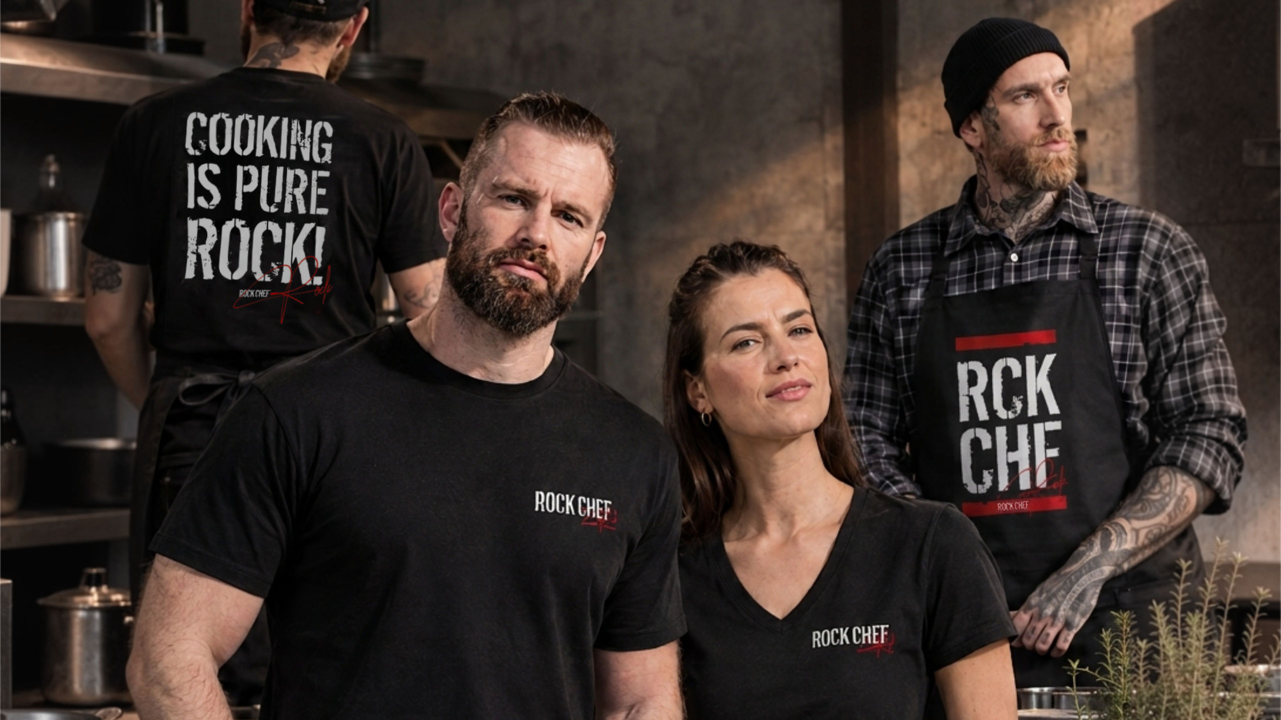 Köchinnen und Köche in Rock Chef® Merch-Shirts und Schürze in einer Profiküche