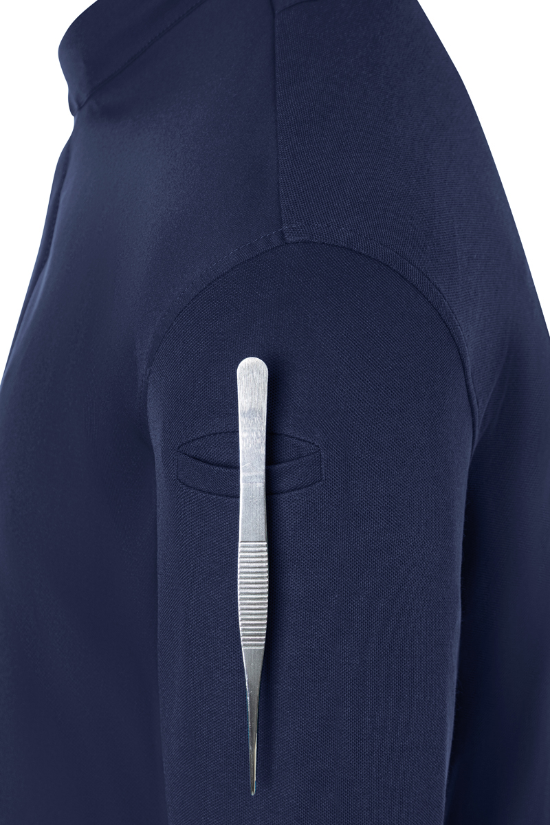 Navy shirt, short sleeve, arm pocket, metal threader tool, pocket slit