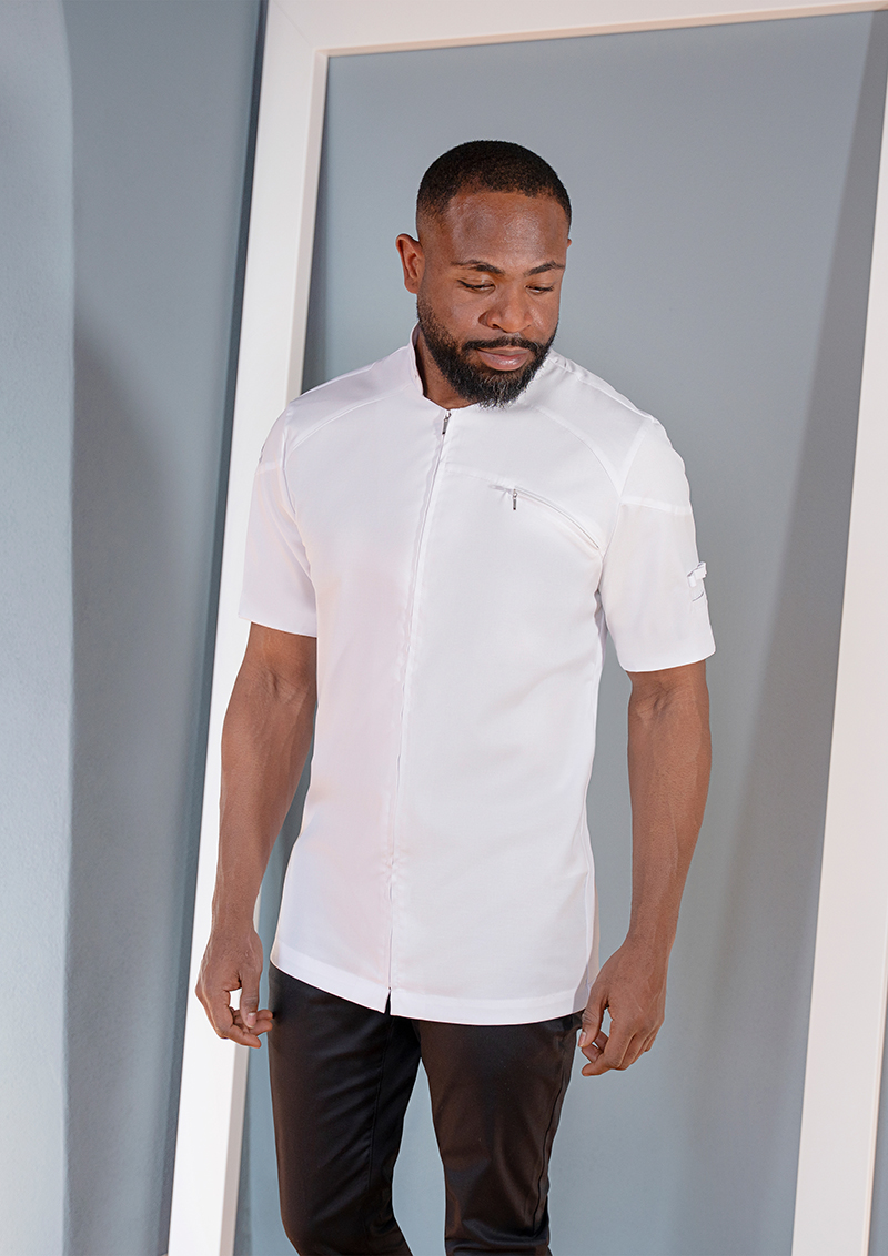 kurzarm-Shirt, weiße-Kurzarmärmling, Stehkragen, Front-RV, Polo-ähnlich