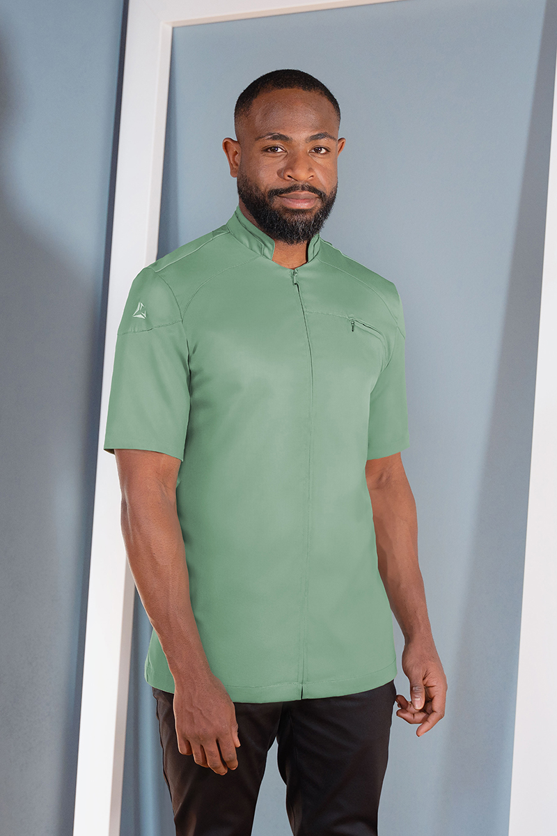 Kurzarm-Manschettenkleid, Medizinische Uniform, Grün, Stehkragen, Fronttasche