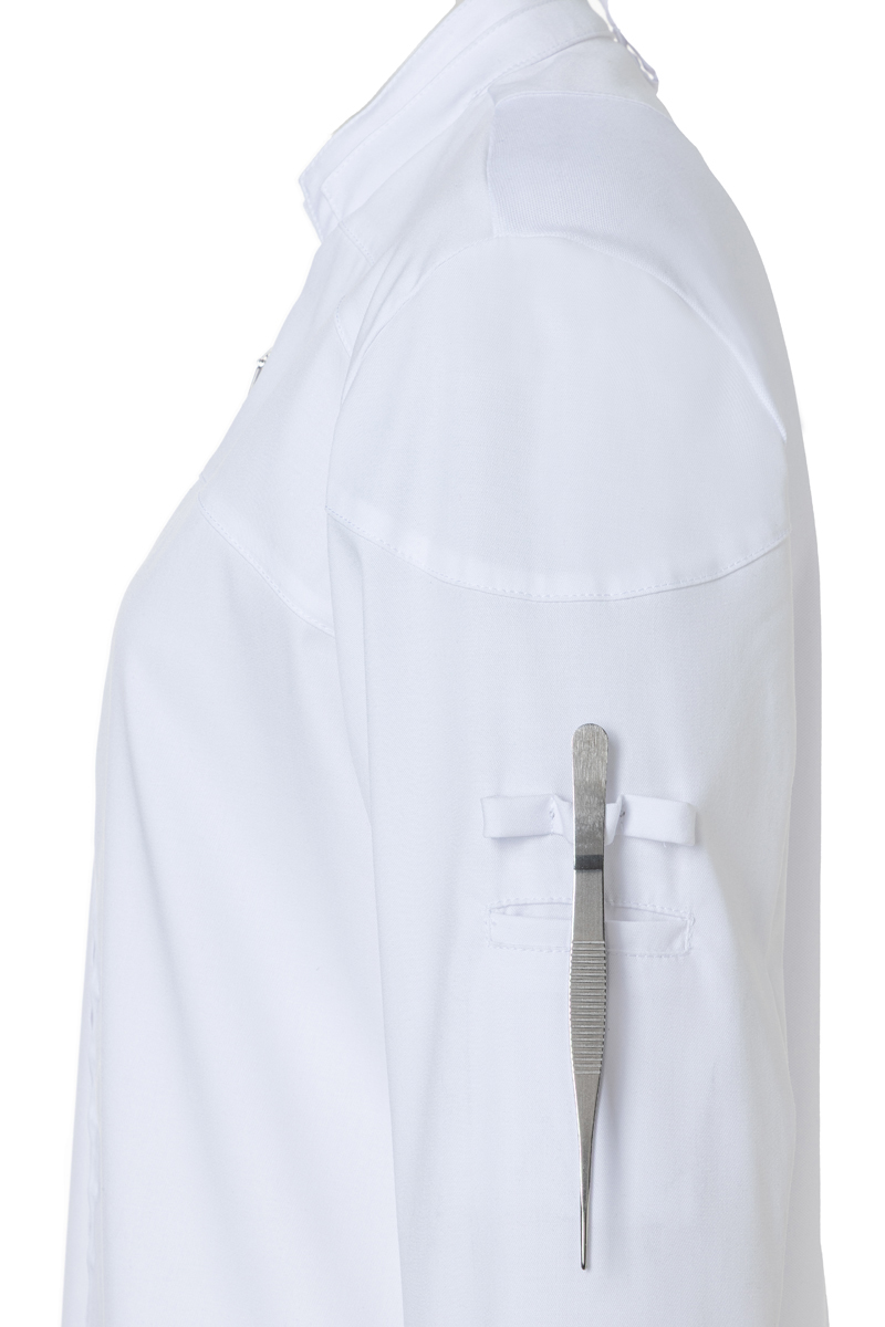 Laborkittel, Weißer Kittel, Stiftschlitzentasche, Stiftschlaufe, Metallstift, Laborkittel, weißer Kittel, Tolle Tasche, Stiftschlaufe, Metallstift,  Laborkittel, Weiß, Tasche, Klippe, Metallklemme, weiß, Laborjacke, Tasche, Taschenmesser, Metallklinge