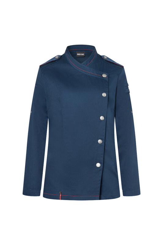 ROCK CHEF® Langarm Damen-Kochjacke Stage2, recyceltes Polyester – stahlblau (Front)