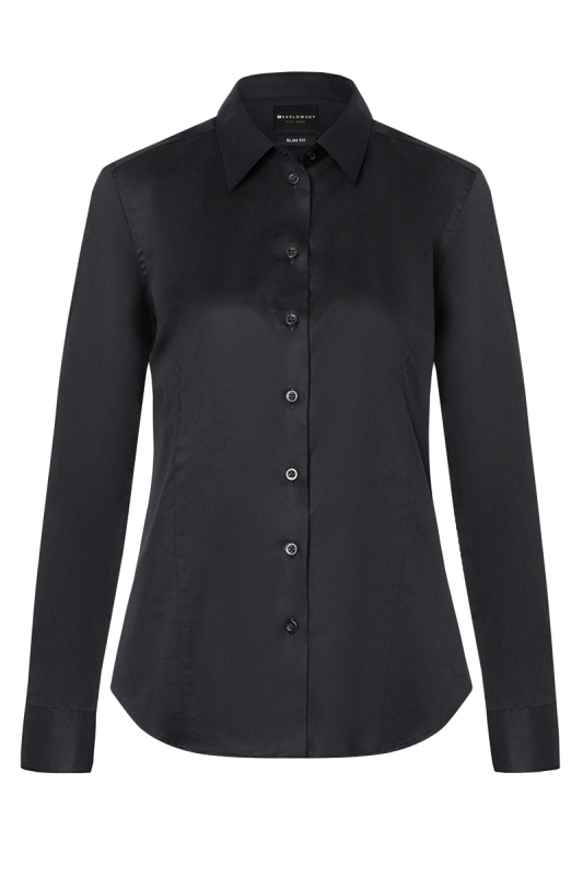 KARLOWSKY Langarm Damenbluse Active-Stretch, leicht tailliert – schwarz (Front)