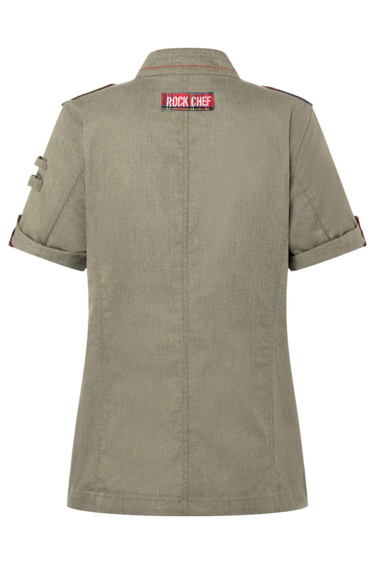 ROCK CHEF® Kurzarm Damen-Kochjacke Stage2 Denim-Style – vintage moosgrün (Rücken)