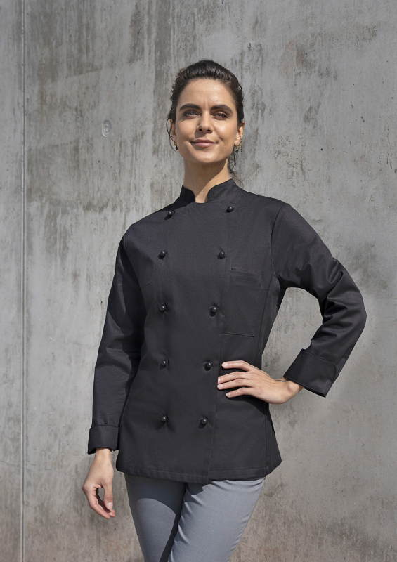 KARLOWSKY Langarm Damen-Kochjacke Agathe – schwarz (Am Modell)