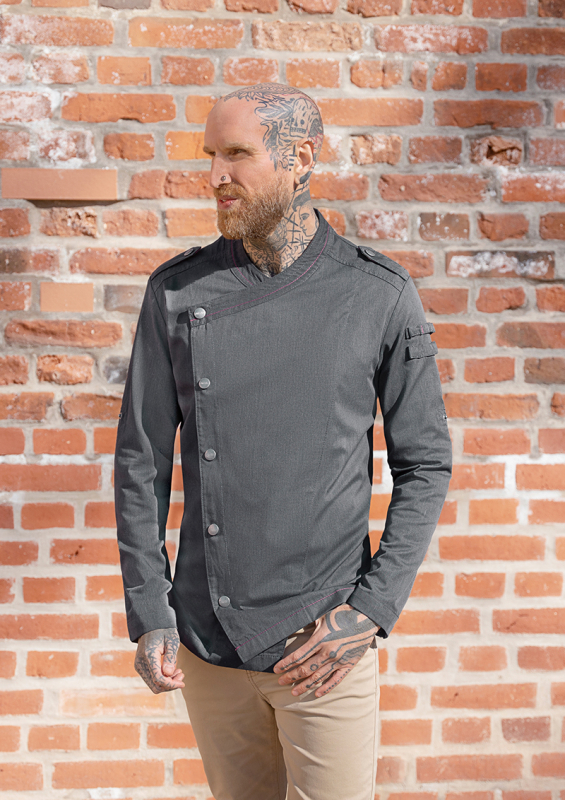 ROCK CHEF® Langarm Herren-Kochjacke Stage2 Denim-Style – vintage schwarz (Am Modell)