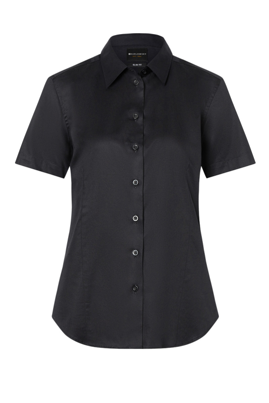 KARLOWSKY Kurzarm Damenbluse Active-Stretch, leicht tailliert – schwarz (Front)