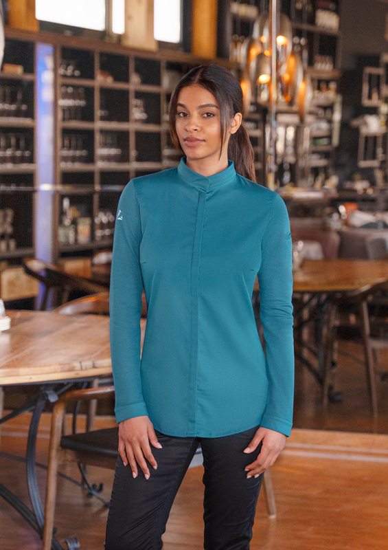 DIAMOND CUT® Langarm Damen-Kochjacke Avantgarde – dunkelpetrol (Am Modell)