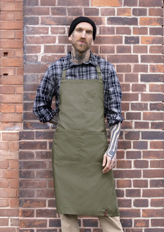 ROCK CHEF® Latzschürze Stage2 Denim-Style – vintage moosgrün (Am Modell)