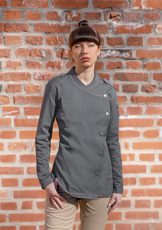 ROCK CHEF® Langarm Damen-Kochjacke Stage2 Denim-Style – vintage schwarz (Am Modell)